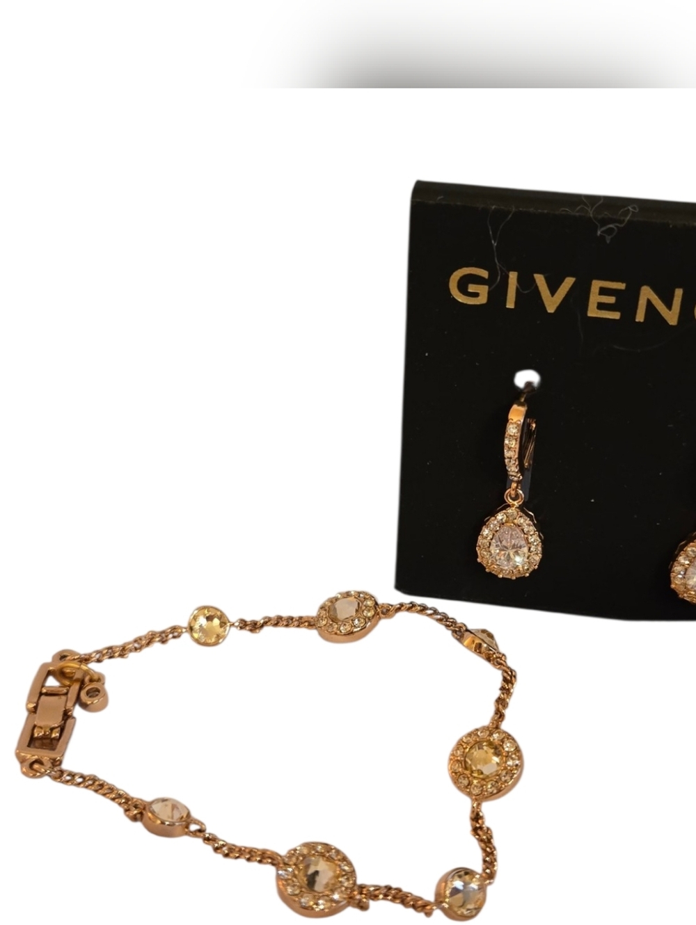Givenchy Gold Crystal Teardrop Earrings with Matching Station Bracelet - Picture 2 of 12